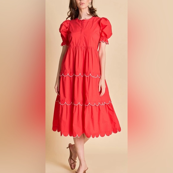 English Factory Dresses & Skirts - English Factory Red Midi Dress with Scalloped Details